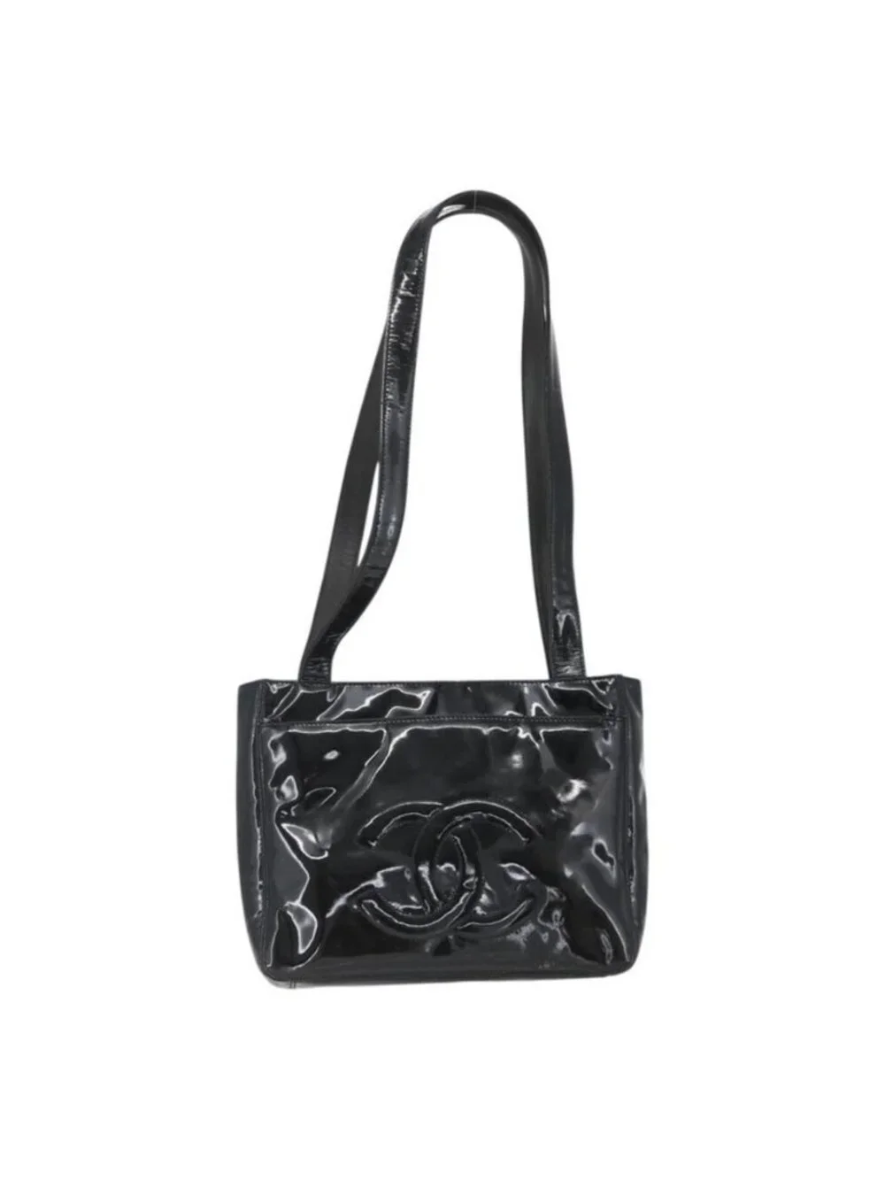 Authentic CHANEL COCO Mark Shoulder Bag Patent leather Black Silver CC